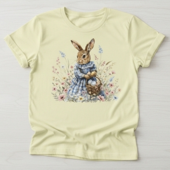 Easter Bunny Graphic Tee • Pastel Spring Rabbit Shirt • Light Yellow Floral Bunn - Picture 4 of 12